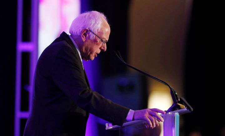 Sen. Bernie Sanders speaks with voters at the First in the South Dinner in Charleston, South Carolina, on Feb. 24, 2020.