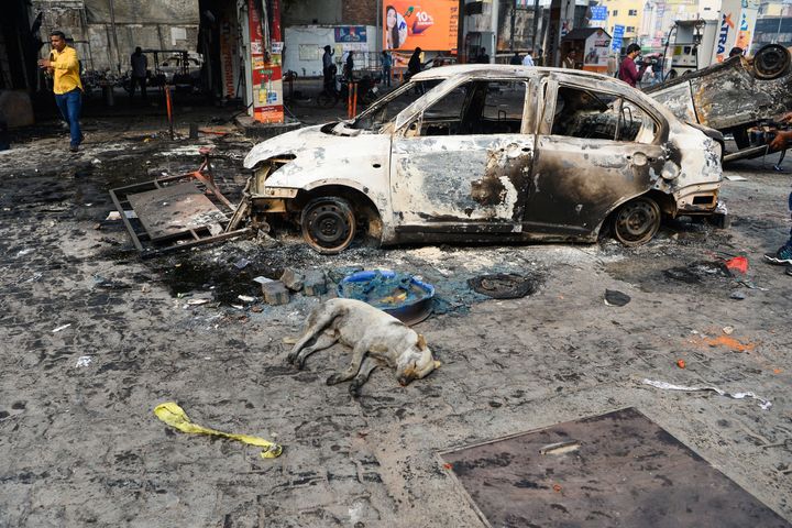A dog sleeps next to a car after the violence in Delhi on February 25. 