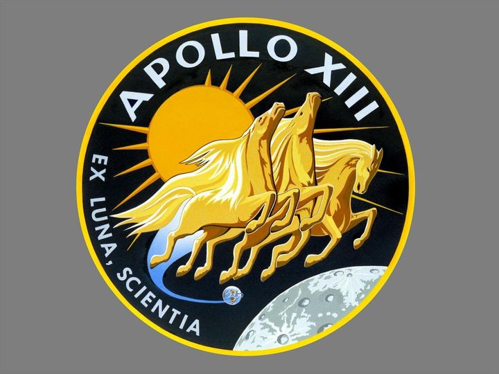Apollo 13 mission crew patch, NASA handout, graphic element on gray