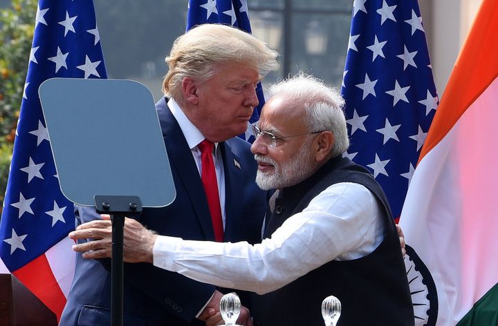 US President Donald Trump and Prime Minister Narendra Modi greet each other after their joint statement, at Hyderabad House this week.