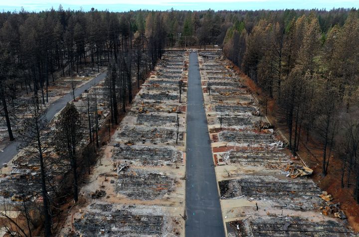An aerial view of homes destroyed by the Camp Fire on February 11, 2019 in Paradise, California. 
