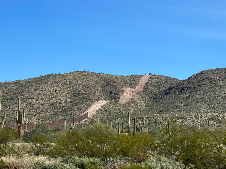 A strip of land prepared for a border wall is seen along Monument Hill in Organ Pipe Cactus National Monument.