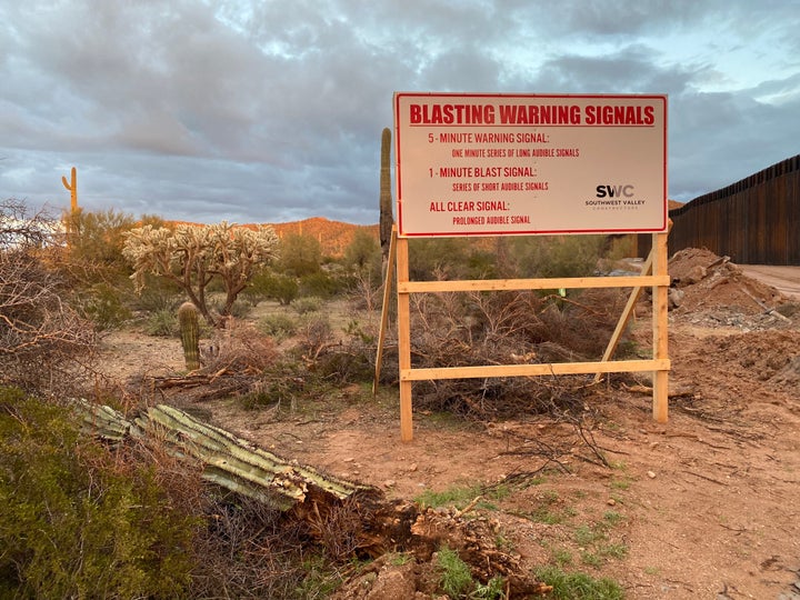 A sign warns of impending detonations at Monument Hill in Organ Pipe Cactus National Monument.