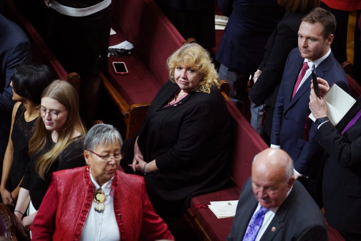 Sen. Lynn Beyak waits for the Throne Speech in the Senate chamber in Ottawa on Dec. 5, 2019. 