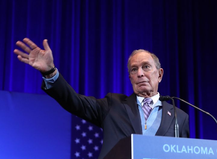 Democratic presidential candidate and former New York City Mayor Mike Bloomberg speaks during a rally in Oklahoma.