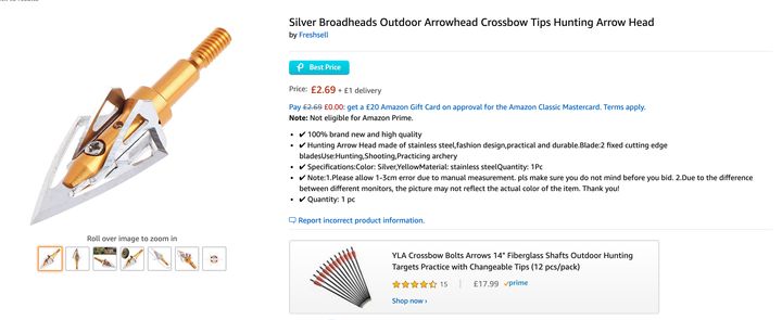 A crossbow hunting tip available on Amazon for just £2.69.