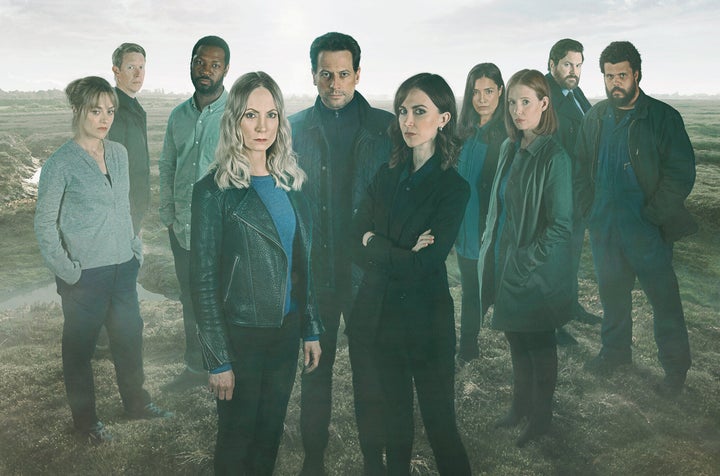 L-R: Zoe Tapper as Katy Sutcliffe, Sam Spruell as Oliver Graham, Richie Campbell as Liam Sutcliffe, Joanne Froggatt as Laura Nielson, Ioan Gruffudd as Andrew Earlham, Katherine Kelly as DI Karen Renton, Shelley Conn as DI Vanessa Harmon, Amy Nuttall as Winnie Peterson, Kieran Bew as Ian and Howard Charles as Carl Peterson 