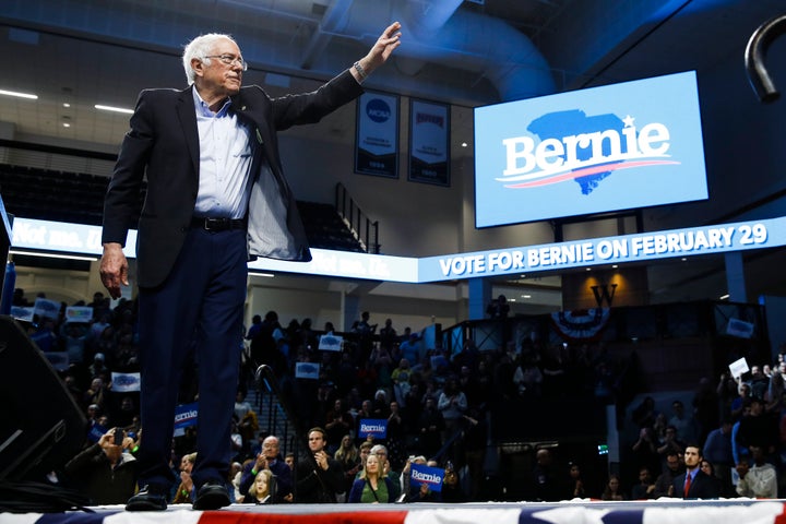 Bernie Sanders waves during a campaign event, Feb. 27, 2020, in Spartanburg, S.C. 
