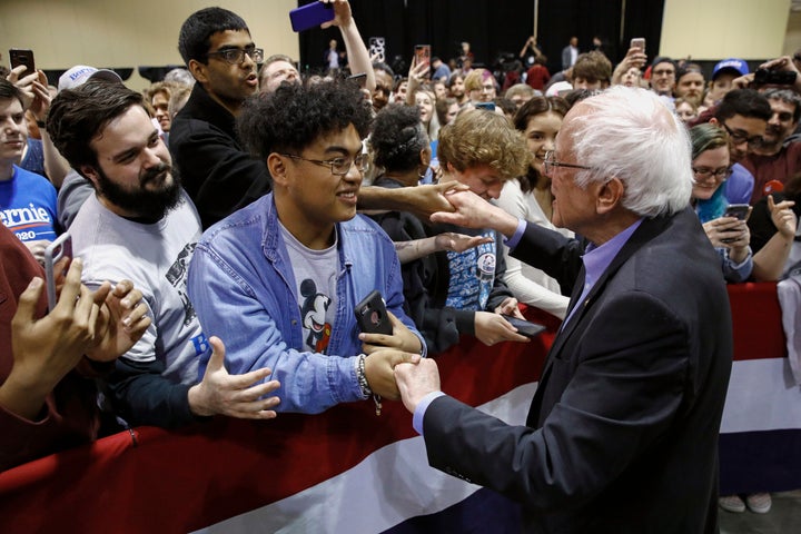 Bernie Sanders greets supporters after speaking at a campaign event, Wednesday, Feb. 26, 2020, in North Charleston, S.C. 