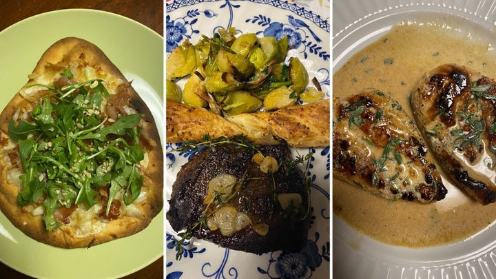 Ambar's Home Chef meals (left to right): prosciutto and hazelnut flatbread with mozzarella and a hot honey drizzle; steak and garlic thyme butter with balsamic Brussel sprouts and Parmesan twists; chicken breasts with Béarnaise sauce with roasted fingerling potatoes and Brussels sprouts. 