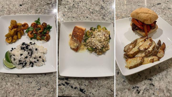 Danielle's Home Chef meals (left to right):&nbsp;mojo shrimp and plantain rice bowl; salmon and brown butter Hollandaise risotto;&nbsp;ciabatta steak sandwich with bacon aioli and parmesan potato wedges.