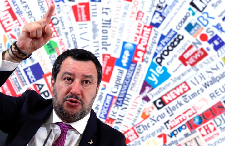 Matteo Salvini, leader of Italy's far-right Lega Party, gestures during a news conference in Rome on Feb. 13 after the Senate voted to remove his legal protection, opening the way for a trial over accusations he illegally detained migrants at sea last year.