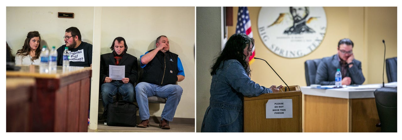 Left: Mark Lee Dickson waits his turn to speak at the Big Spring city council meeting. Right: Stephanie Vela Anderson begs the council to defeat the measure.