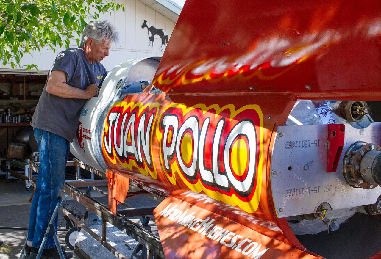 Mad Mike at work on his rocket at his home in Apple Valley, California, on April 20, 2019.