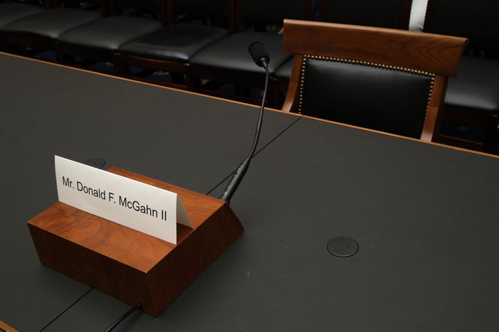 A name plate for McGahn sits on the witness table prior to a House Judiciary Committee hearing in which he was subpoenaed to testify May 21, 2019, on Capitol Hill. President Donald Trump directed McGahn not to comply with the subpoena.