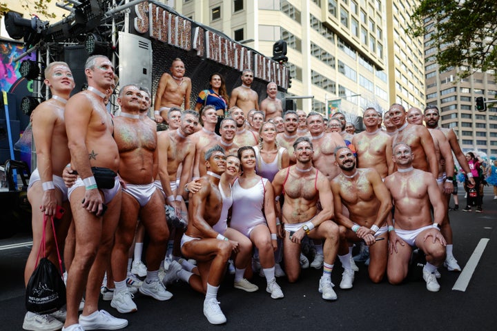 Participants prepare before in Hyde Park ahead of the 2020 Sydney Gay & Lesbian Mardi Gras Parade on February 29, 2020 in Sydney, Australia.