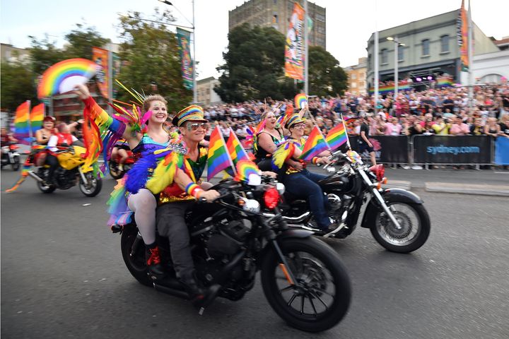 People participate in a motorcycle rally during the annual Gay and Lesbian Mardi Gras parade in Sydney on February 29, 2020. 