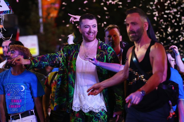 Sam Smith celebrates during the 2020 Sydney Gay & Lesbian Mardi Gras Parade on February 29, 2020 in Sydney, Australia. 