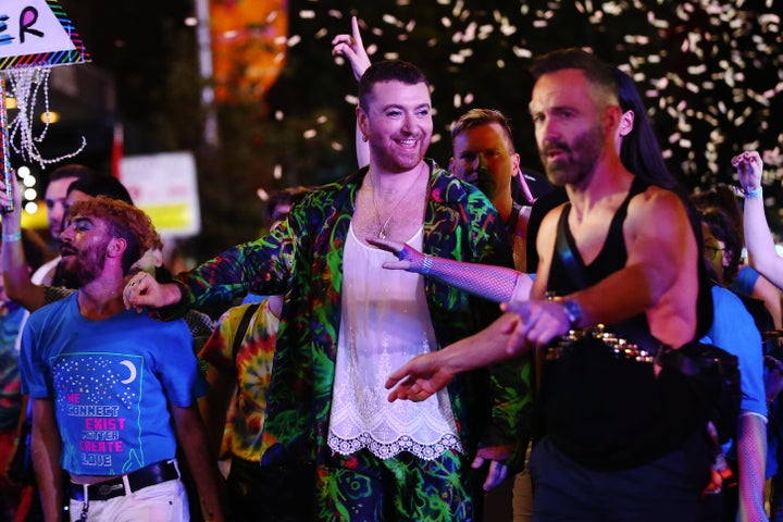 Sam Smith celebrates during the 2020 Sydney Gay & Lesbian Mardi Gras Parade on February 29, 2020 in Sydney, Australia. 