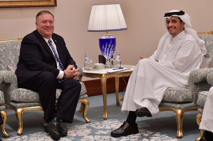 Secretary of State Mike Pompeo, left, met with Qatar's Foreign Minister Sheikh Mohammed bin Abdulrahman Al Thani before a peace signing ceremony between the U.S. and the Taliban in Doha.