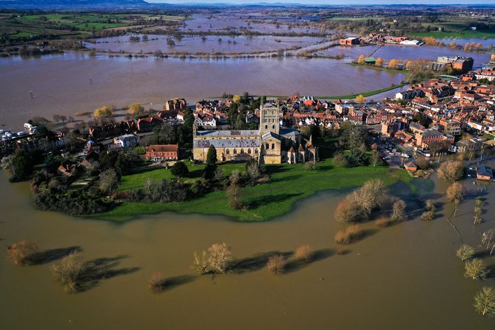 Tewkesbury Abbey, at the confluence of the Rivers Severn and Avon, is surrounded by flood waters on February 27.