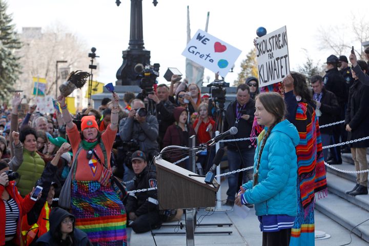 Greta Thunberg speaks during a climate strike at the Alberta Legislature in Edmonton on Oct. 18, 2019.