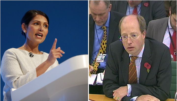 Left, Priti Patel and, right, her former top civil servant Philip Rutnam, who has quit