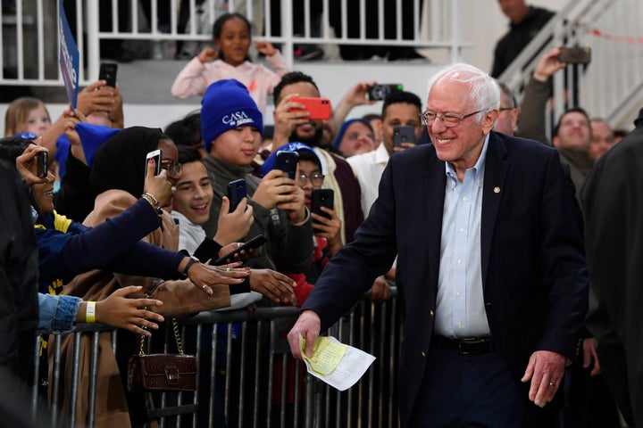 Democratic presidential candidate Sen. Bernie Sanders arrives to speak during a campaign rally in Springfield, Virginia, on S