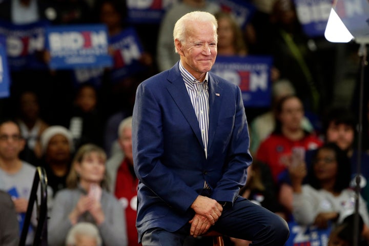 Democratic presidential candidate former Vice President Joe Biden smiles at supporters during a campaign event at Saint Augus