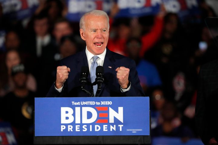 Democratic presidential candidate Joe Biden speaks at a primary night election rally in Columbia, South Carolina.