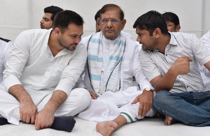 RJD leader Tejashwi Prasad, Loktantrik Janata Dal leader Sharad Yadav, Former JNU students union (JNUSU) president Kanhaiya Kumar in a file photo