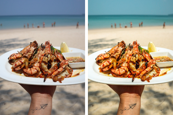 Jen Balisi's before (left) and after (right) shots of garlic prawns in Thailand.