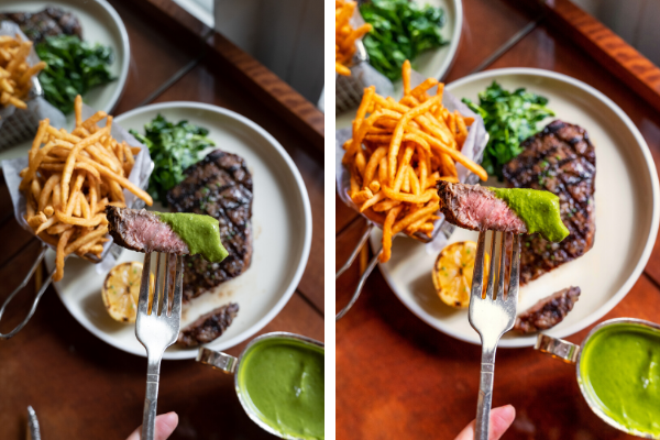 Jessica Hirsch's before (left) and after (right) shots taken at a restaurant table near a window.