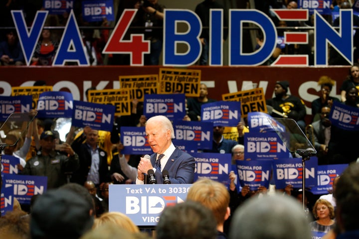 Democratic presidential candidate former Vice President Joe Biden, gestures during a campaign rally Sunday, March 1, 2020, in Norfolk, Va. (AP Photo/Steve Helber)