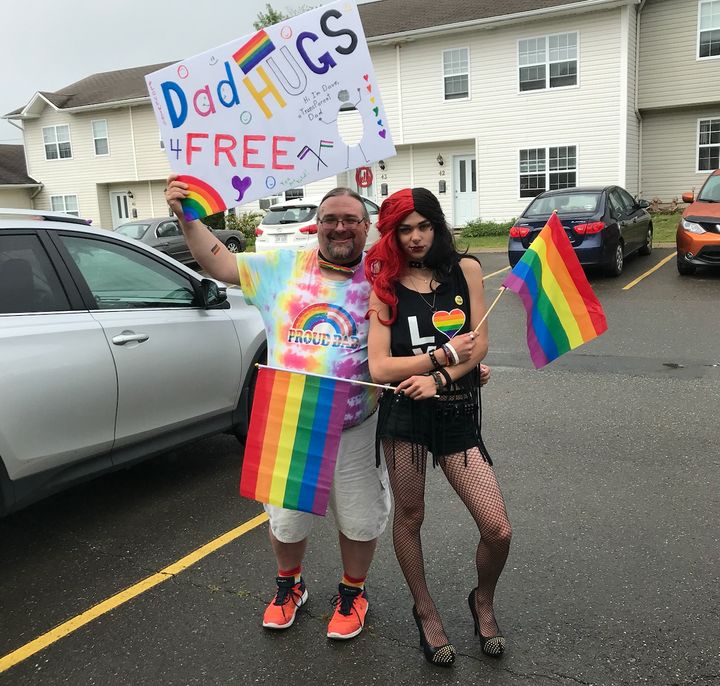 David Scott with his son Jaden, in Harley Quinn drag, headed to Fredericton Pride in 2019.