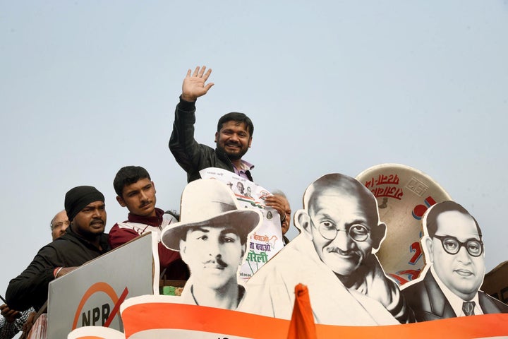 Kanhaiya Kumar waves at the gathering during a protest against CAA, NPR and NRC in front of Gandhi Statue, at Gandhi Maidan, on January 29, 2020 in Patna.