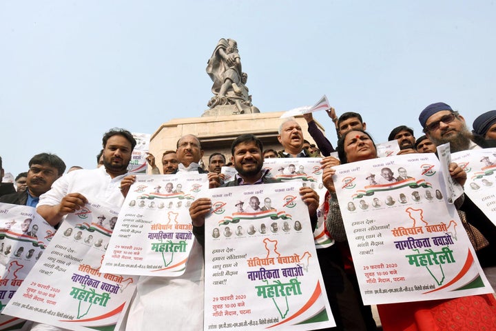 Kanhaiya Kumar holds a placard during a protest against CAA, NPR and NRC in front of Gandhi Statue, at Gandhi Maidan, on January 29, 2020 in Patna.