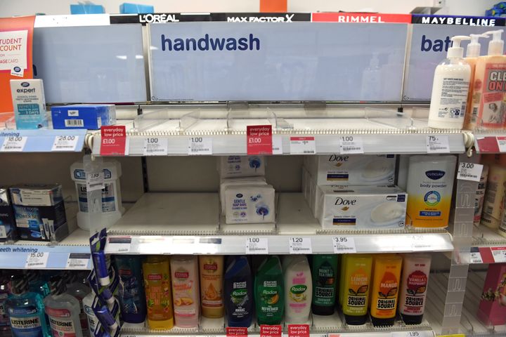 As uncertainty over coronavirus continues, Boots sells out of handwash at Victoria Station in London. (Photo by Stefan Rousseau/PA Images via Getty Images)