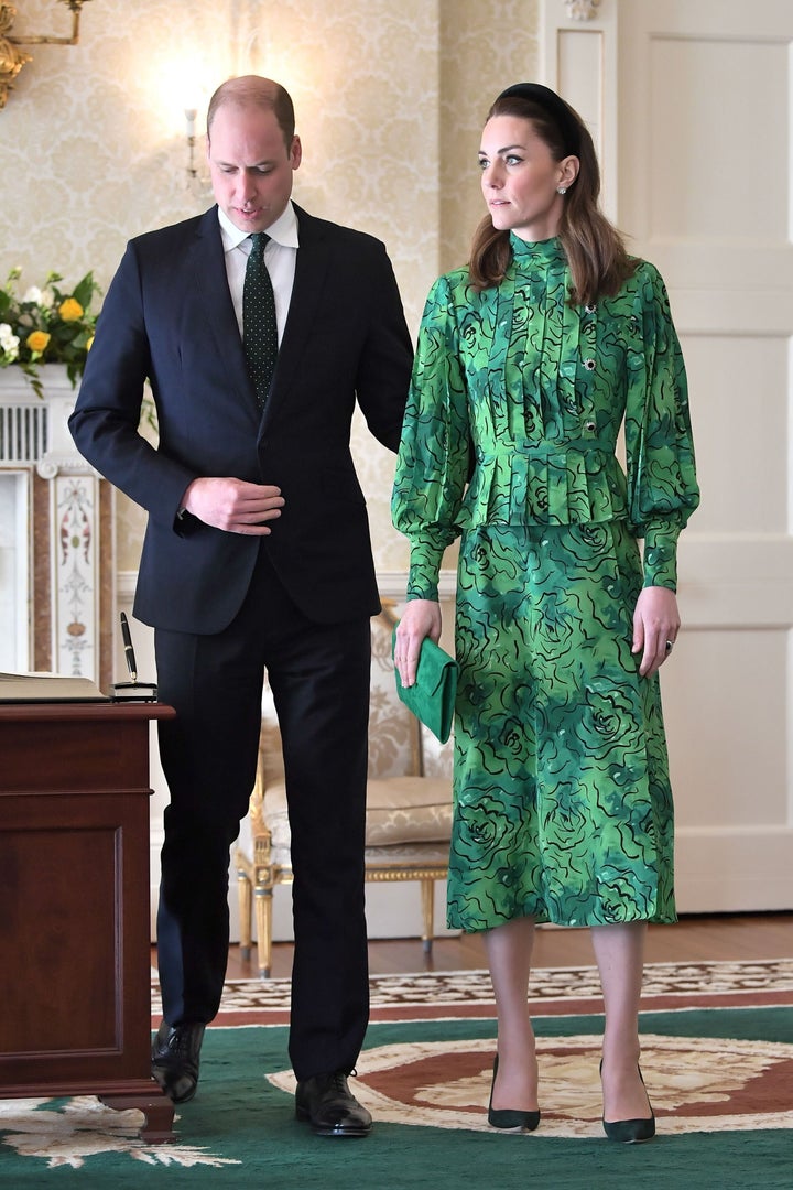 The Duke and Duchess of Cambridge arrive for a meeting with the president of Ireland at &Aacute;ras an Uachtar&aacute;in in D