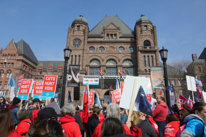 Thousands of teachers, students and parents protest planned education cuts by Premier Doug Ford and the Ontario government on April 6, 2019 in Toronto.