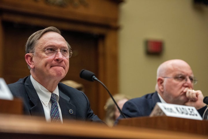 Robert Kadlec, assistant secretary for Preparedness and Response (ASPR) at the U.S. Department of Health & Human Services (HHS), and Robert R. Redfield, director of the Centers for Disease Control and Prevention, take part in a House Energy and Commerce Health Subcommittee hearing on Health and Human Services oversight of the coronavirus outbreak on Feb. 26, 2020.