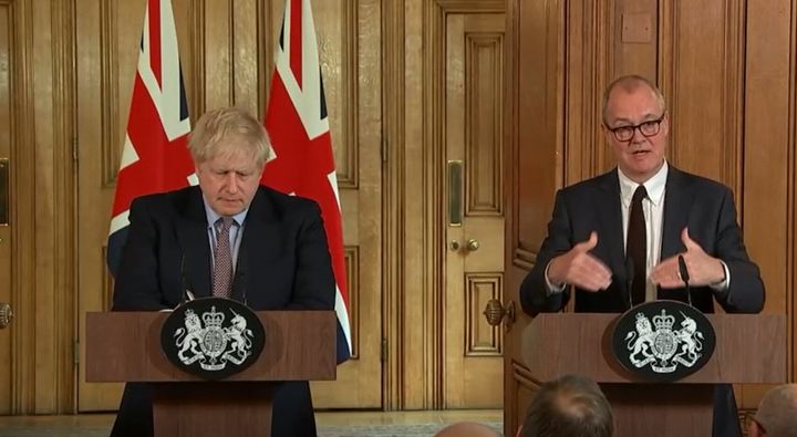 Prime Minister Boris Johnson and Chief Scientific Adviser Sir Patrick Vallance speaking during a press conference on the government's coronavirus action plan.