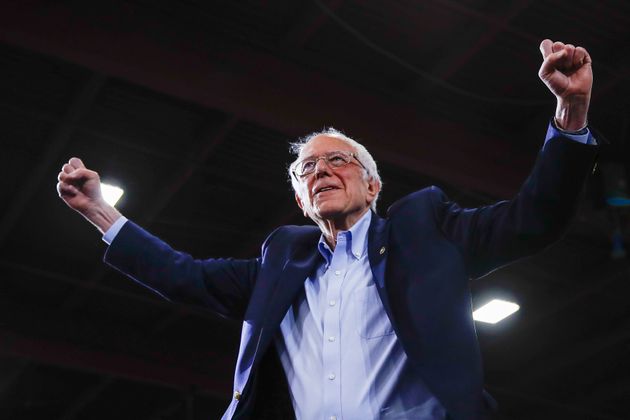 Democratic presidential candidate Bernie Sanders arrives at a primary night election rally in Essex Junction, Vermont.