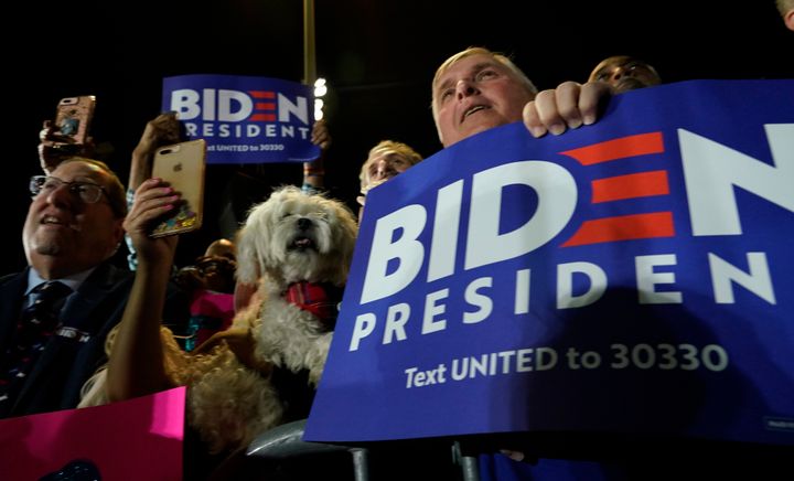 Supporters attend a Super Tuesday night rally for Democratic presidential candidate Joe Biden in Los Angeles.