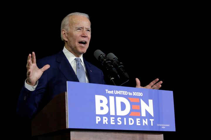Joe Biden speaks during a primary election night rally in Los Angeles after a shock night for his campaign.