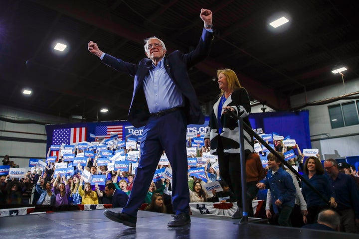 U.S. Sen. Bernie Sanders is seen here with his wife, Jane O'Meara Sanders, during a primary night rally in Essex Junction, Vt., on Tuesday.