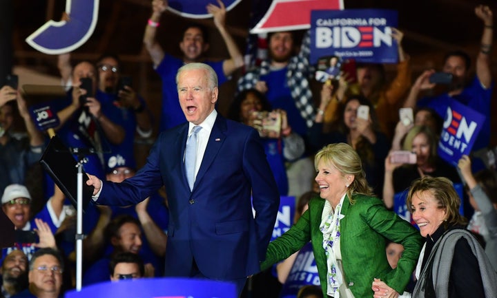 Former U.S. vice-president Joe Biden attends a campaign event in Los Angeles on Tuesday with his wife, Jill Biden, to his right.