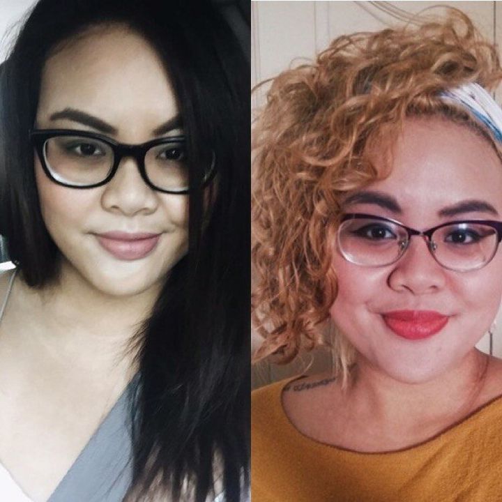 Kate Heceta, a 26-year-old Filipino from Manila, with rebonded hair (left) and her natural hair texture (right).