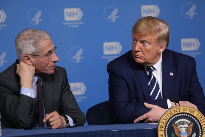Anthony Fauci, director of the National Institute of Allergy and Infectious Diseases, and President Donald Trump during a briefing on the coronavirus.