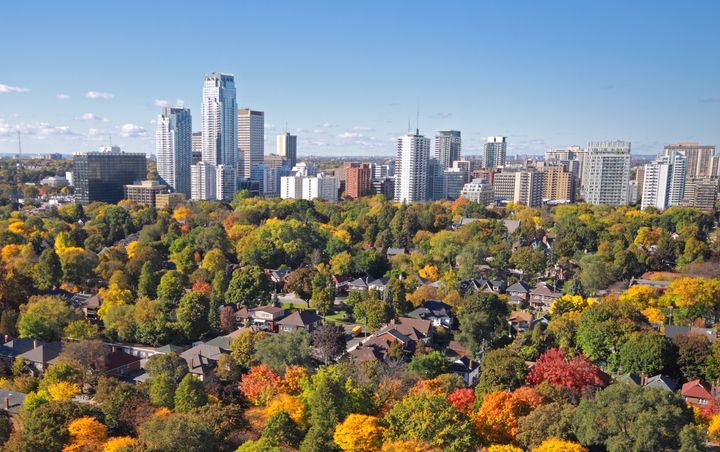 In this stock photo, an aerial view of condo and apartment towers in Toronto's Midtown neighbourhood is seen on an autumn day.